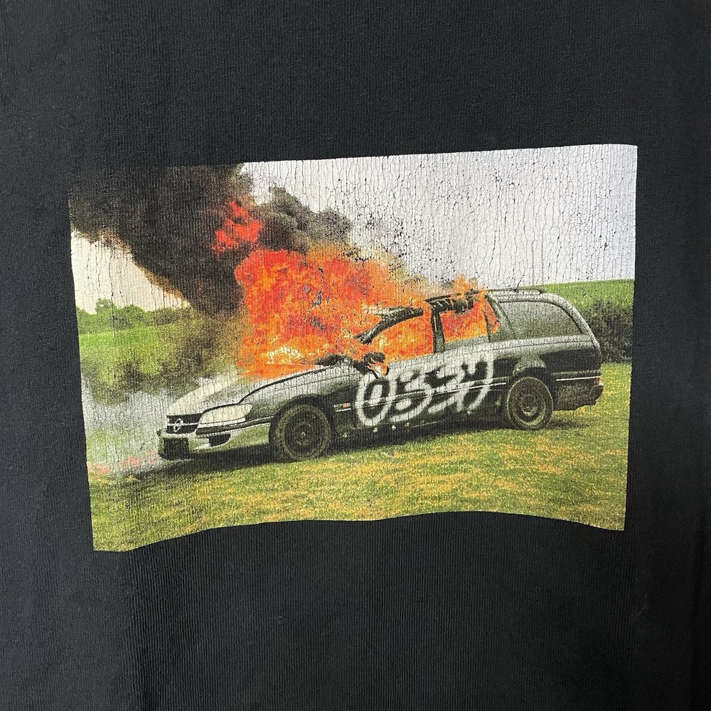 Obey Shirt Mens Large The Suburbs Burning Car Graphic Black T-Shirt Crew Neck - Picture 2 of 6
